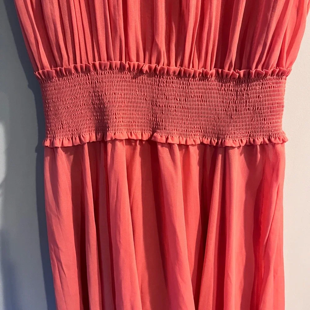Nanette Lepore Coral Pink Pleated Smocked Waist Mock Neck Midi Dress Size 10